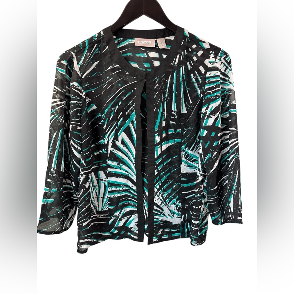 Chico’s Sz 0 (X small) Sheer Palm Leaf Green & black cardigan 3/4 Sleeve Career